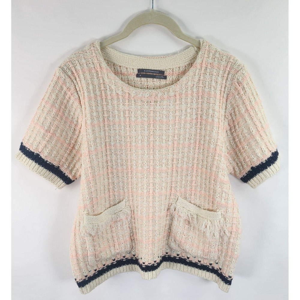 Anthropologie Tweed Sweater Women's M Cream Pink Metallic Thread Jackie O Preppy